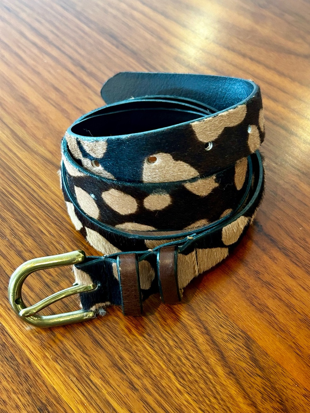 J. Crew Black and Tan Leopard Print Haircalf Leather Belt